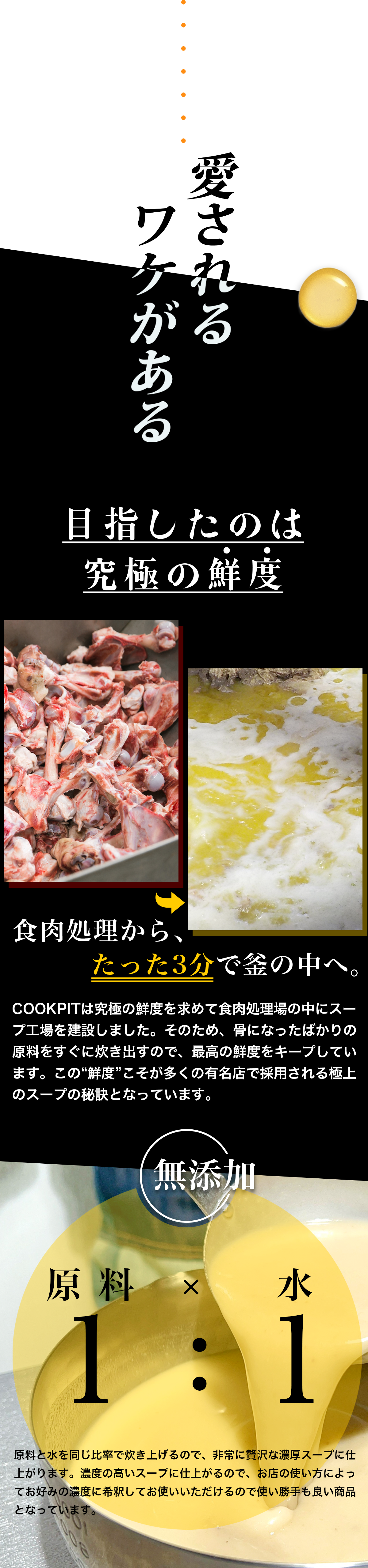 愛される理由を伝えるビジュアル。「目指したのは究極の鮮度」というコピーと共に、新鮮な食材の写真が配置されたデザイン。