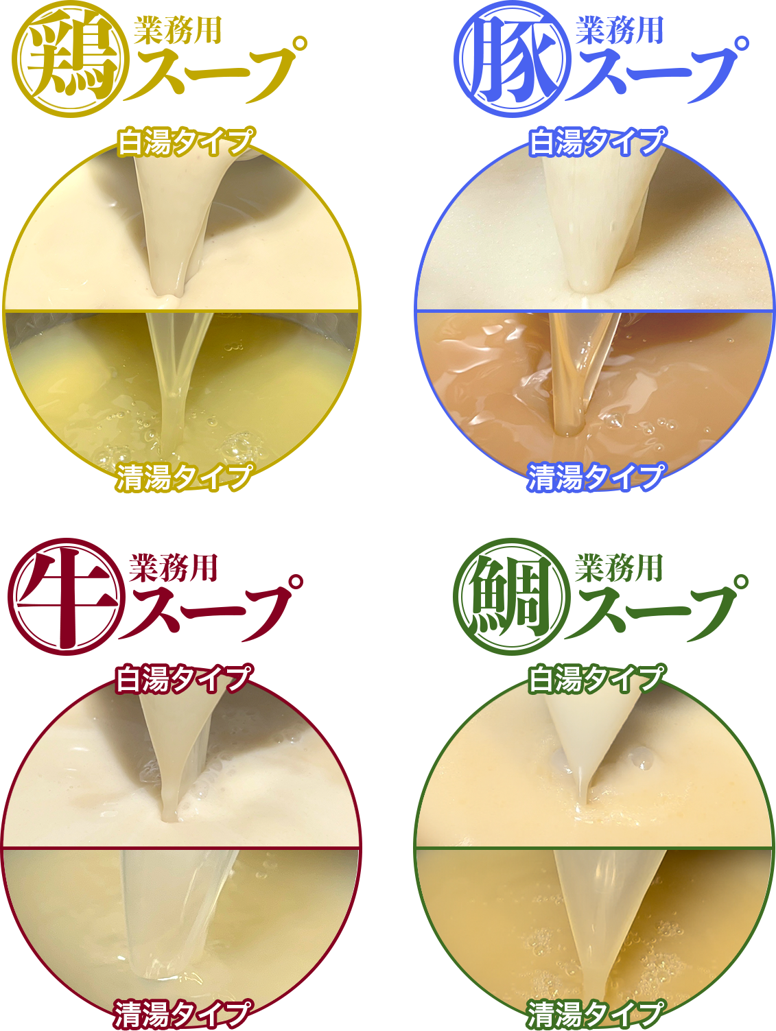 業務用スープ4種類の紹介画像。鶏・豚・牛・鯛それぞれに白湯タイプと清湯タイプのスープがあり、ラーメンなどに使える豊富なラインナップを表現。