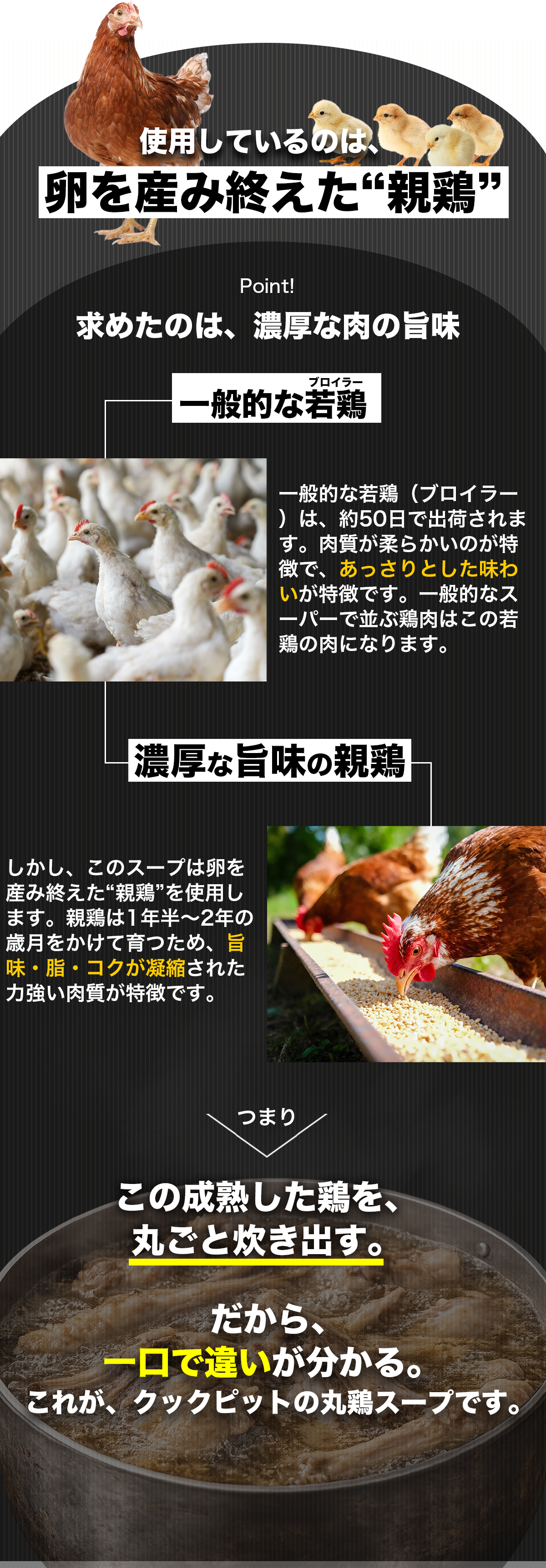 卵を産み終えた親鶏を使用し旨味・脂・コクが凝縮された肉を丸ごと炊き出すスープの特徴を説明するイメージ