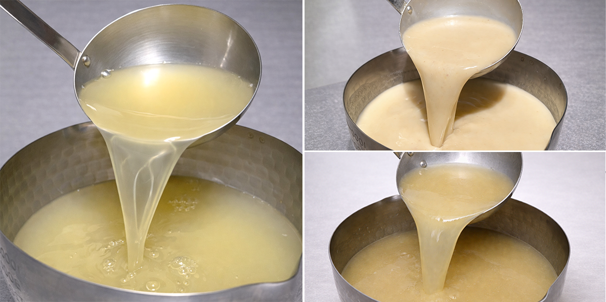 濃度や色味の異なるスープの粘度や仕上がりを比較する調理工程のイメージ