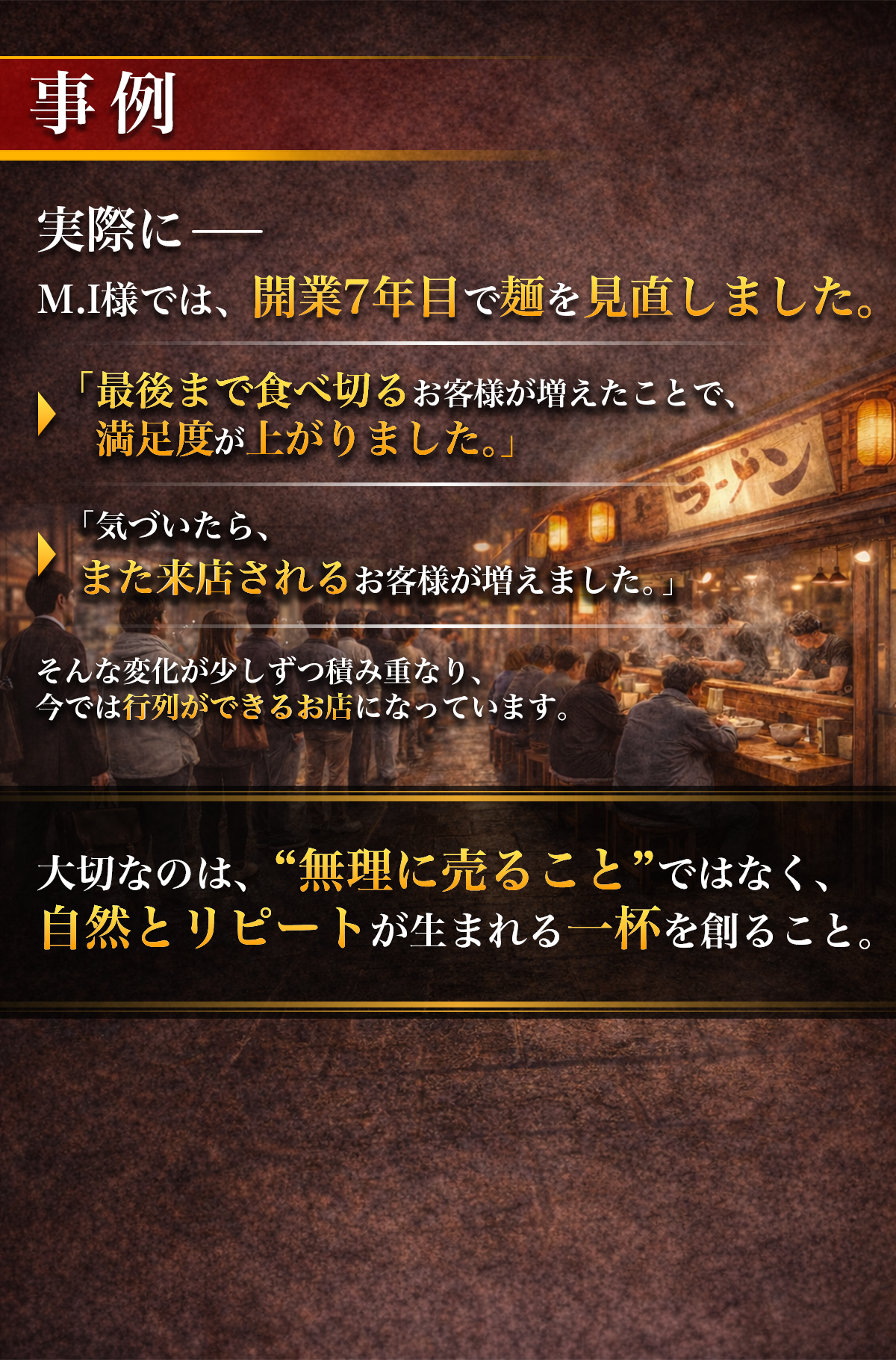 麺の見直しにより満足度向上とリピート来店が増え行列店へ変化した成功事例の説明イメージ